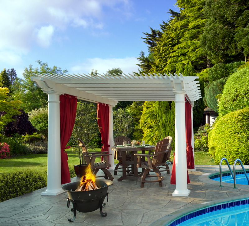 12 x 12 Vinyl Pergola with deluxe shade and round posts. Shown with Dash Crimson curtains