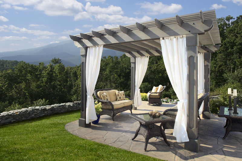 12 x 12 Wood Pergola with Outback top and Grandfather posts. Shown with Storm Cloud Gray Stain and Linen Natural curtains