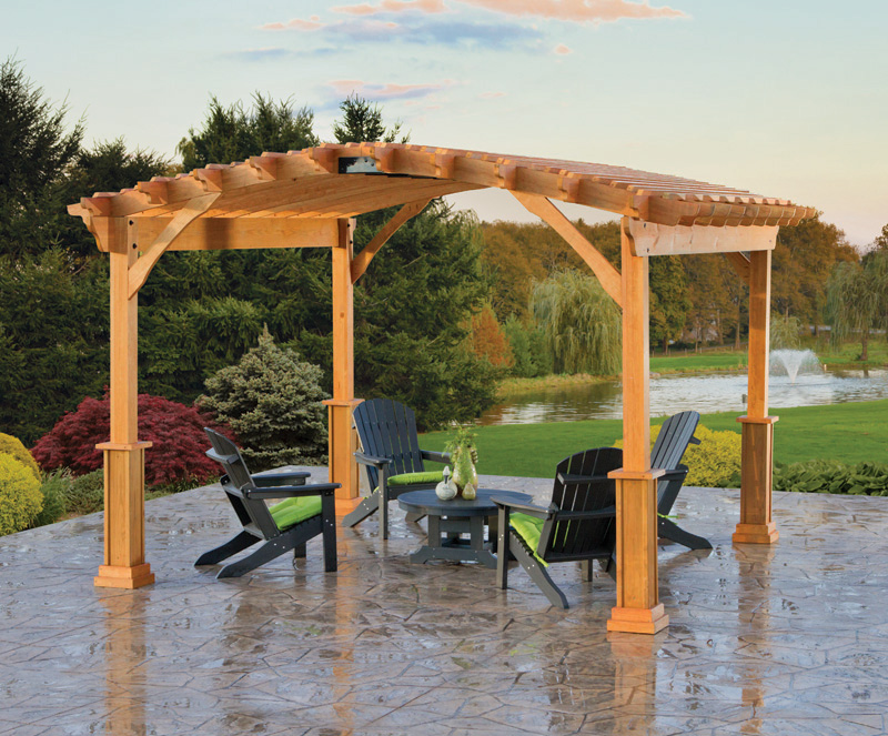 14 x 14 Wood Pergola with Riviera top and savannah posts. Shown with Cedartone stain.