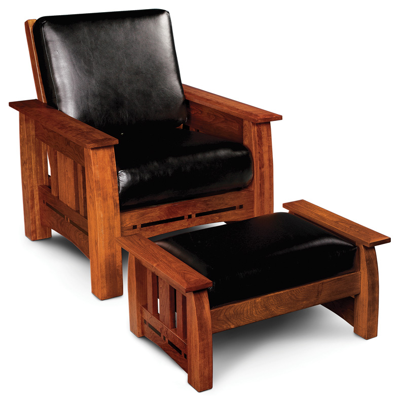 Aspen Easy Chair with Ottoman Shown in cherry-Michaels with Asphalt leather cushions