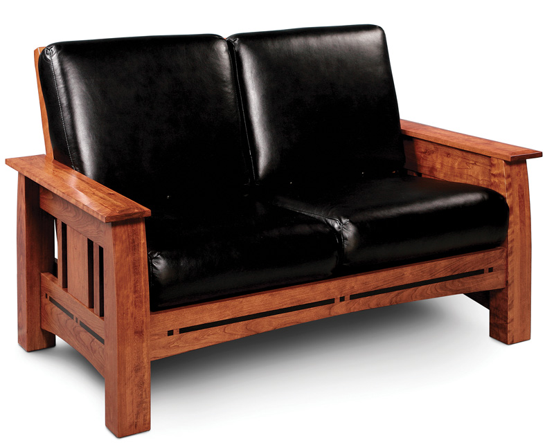 Aspen Loveseat Shown in cherry-Michaels with Asphalt leather cushions