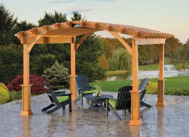 14 x 14 Wood Pergola with Riviera top and savannah posts. Shown with Cedartone stain.