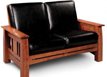 Aspen Loveseat Shown in cherry-Michaels with Asphalt leather cushions