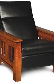 Aspen Recliner with inlay Shown in cherry-Michaels with Asphalt leather cushions